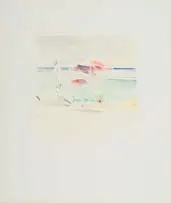 Andrew Verster, Coastal Scene with Umbrellas, 1984, coloured pencil on paper laid down on board