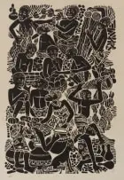 Robino Ntila, Untitled (Village Scene), woodcut on paper