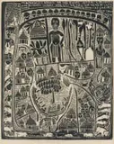 John Muafangejo, Muafangejo's Kraal, 1970, linocut on tissue paper