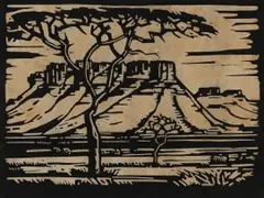 Jacobus Hendrik Pierneef, Doringbome en Berge, S W A (Thorn Tree and Mountains, South West Africa) (Nilant 111), 1936, linocut on paper