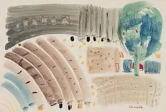 Charles Gassner, Abstract Farm Scene, watercolour and pastel on paper