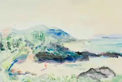 Landscape with Mountains in the Distance by Rain Battiss, watercolour on paper, sold Oct 2025