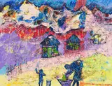 Gabriel Tsolo, Landscape with Figures in Front of Houses, oil and string on board