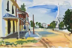 Gerhard Batha, Street Scene with Figure and Church, gouache on paper