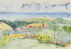 Rain Battiss, Landscape with View of the Ocean, watercolour on paper