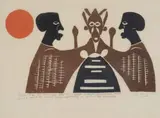 Ranko Pudi, Rather than Go into Hiding after His Defeat, a Brave Makhanda Hands Himself over to the Colonial Forces, Apparently to End Further Bloodshed, colour linocut on paper