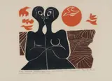 Ranko Pudi, Fate Denied Makhanda and his Loved One Children throughout their Marriage, colour linocut on tissue paper