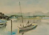 Maud Sumner, Boat and Distant Mountains, watercolour and pen on paper