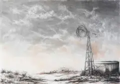 Jan Maanda Tshikhuthula, Landscape with Windmill and Reservoir, 2011, charcoal and pastel on paper
