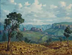 Ernest Benjamin King, Landscape with Trees and Distant Mountains, 1951, oil on board