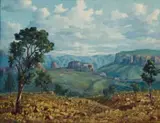 Ernest Benjamin King, Landscape with Trees and Distant Mountains, 1951, oil on board
