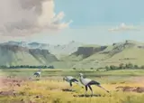 John Cyril Harrison, Landscape with Secretary Birds, watercolour on paper laid down on board