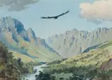 John Cyril Harrison, Mountain Landscape with Soaring Eagle, watercolour on paper