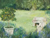 Ann Nosworthy, Garden Scene with Bench and Fruit Tree, 2001, oil on canvas