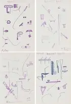 Nameless Objects; Harmless Objects; Blameless Objects; Innocent Objects, four by Walter Battiss, 1974, felt-tip pen on paper, sold Feb 2026