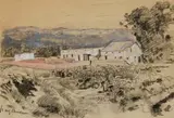 Frans Oerder, Farmstead, charcoal and watercolour on paper