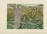 Cecil Skotnes, Figure in a Green Landscape, from Man's Gold portfolio, 1977, colour woodcut on paper
