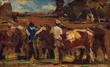Adriaan Boshoff, Figures and Cattle, oil on canvas laid down on board