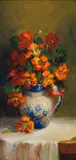 Mari Vermeulen-Breedt, Nasturtiums in a Blue and White Jug, 1978, oil on canvas laid down on board