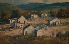 Anton Benzon, Landscape with Cottages, oil on board