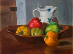 François Krige, Still Life with Peppers and Jug, oil on board