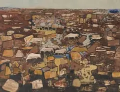 Gordon Vorster, Rocky Landscape with Antelope, oil on board