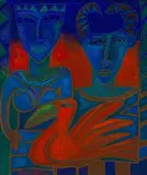 Jan Vermeiren, Figures with Bird, oil on canvas