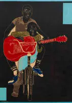 Treasure Mlima, Playing the Guitar, 2021, painted and incised board
