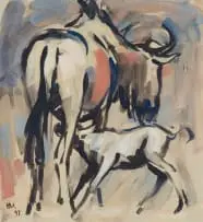 Hennie Niemann jnr, Wildebeest and Calf, 1997, gouache on paper