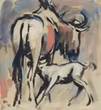 Hennie Niemann jnr, Wildebeest and Calf, 1997, gouache on paper