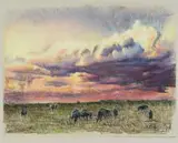 Zakkie Eloff, Landscape with Wildebeest, pastel on paper