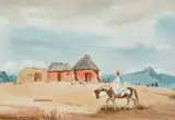 Nerine Desmond, Basotho Rider and Huts, watercolour on paper