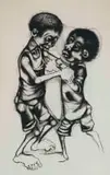 Julian Motau, Boys Fighting, 1968, graphite on paper