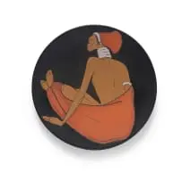Kalahari Studio, Black plate with a figure wearing a blanket and headdress, hand-painted and glazed terracotta