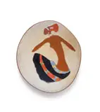 Kalahari Studio, Organic-shaped plate with figural motif wearing skirt and headdress, terracotta with overglaze decoration