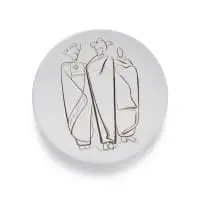 Plate with line drawings of three figures wrapped in blankets by Kalahari Studio, glazed terracotta, offered Jun 2026