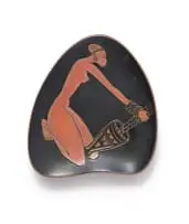 Kalahari Studio, Organic-shaped dish with a woman crushing grain, terracotta with contrasting matt and glossy glaze