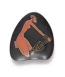 Kalahari Studio, Organic-shaped dish with a woman crushing grain, terracotta with contrasting matt and glossy glaze