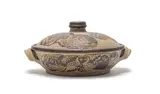 Rorke's Drift Joel Sibisi, Two-handled casserole dish and cover, 1980, incised and black oxide decorated earthenware