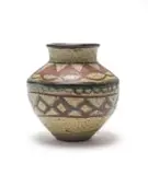 Rorke's Drift Elizabeth Mbatha, Vase with flared neck, 1981, glazed earthenware with blue, brown and cream painted decoration