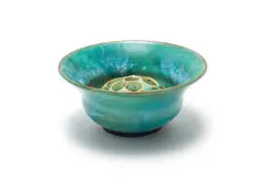 Linn Ware, Bulbous bowl with flared neck and floral frog, two, double-glazed, hand-thrown earthenware