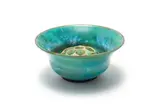 Linn Ware, Bulbous bowl with flared neck and floral frog, two, double-glazed, hand-thrown earthenware