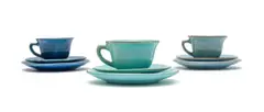 Linn Ware, Three cups, saucers and side plates, double-glazed hand-thrown earthenware