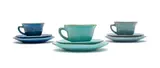 Linn Ware, Three cups, saucers and side plates, double-glazed hand-thrown earthenware