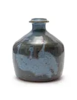 Ian Glenny, Squat bottle-shaped vase with guinea fowl motif, painted and reduction glazed stoneware