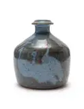 Ian Glenny, Squat bottle-shaped vase with guinea fowl motif, painted and reduction glazed stoneware