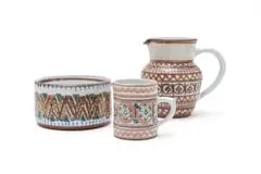 Bowl and two jugs, three by The Old Jar Pottery, 1960, hand-painted tin-glazed terracotta, sold Jun 2026
