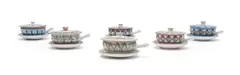 Set of six lidded one-handled soup bowls and saucers by The Old Jar Pottery, hand-painted tin-glazed terracotta, sold Jun 2026