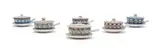 The Old Jar Pottery, Set of six lidded one-handled soup bowls and saucers, hand-painted tin-glazed terracotta