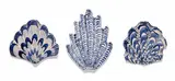 Lucie de Moyencourt, Three glazed ceramic shells with blue and white motifs, hand-painted and glazed ceramic
